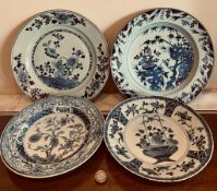 FOUR 19th CENTURY BLUE AND WHITE PLATES ALL WITH VERY GOOD OLD REPAIRS, SOME FORMALLY STAPLED, ETC.