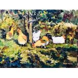 KEITH GARDNER RCA OIL ON BOARD- CHICKENS AROUND THE APPLE TREE, SIGNED, APPROXIMATELY 22.5cm x 30cm