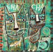 TRACEY ANN FINLAY ACRYLIC ON PANEL "CHA CHA KITTY CATS". APPROX. 30 X 30CM