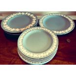 TWO WEDGWOOD QUEENS WARE CAKE PLATES, THREE DINNER PLATES PLUS SEVEN SIDE PLATES, ALL PLAIN BORDERS