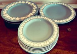 TWO WEDGWOOD QUEENS WARE CAKE PLATES, THREE DINNER PLATES PLUS SEVEN SIDE PLATES, ALL PLAIN BORDERS