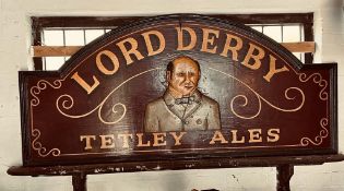 WOODEN ARCHED SIGN- 'LORD DERBY TETLEY ALES', APPROXIMATELY 180cm