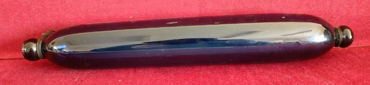 NAILSEA BLUE COLOURED GLASS ROLLING PIN. APPROX. 34.5CM L USED CONDITION, SLIGHT CHIPS AND CRACKS TO