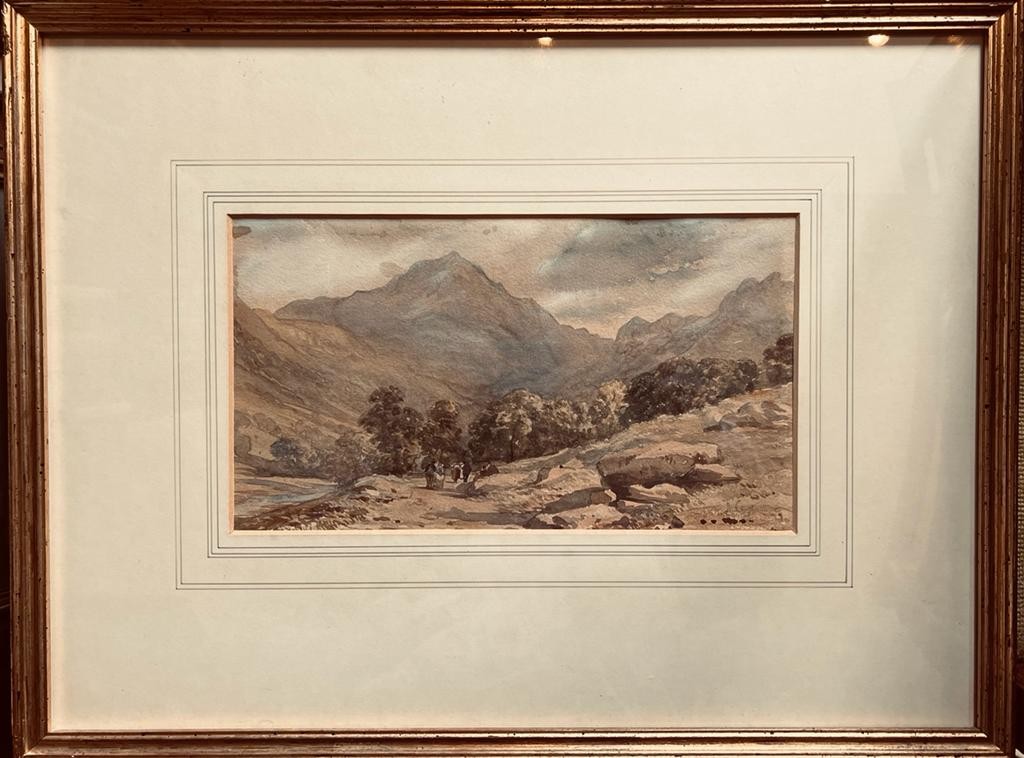 D. COX JUNIOR WATERCOLOUR - FIGURES ON A HILLY TRACK, SIGNED. APPROX. 16 X 29CM WATER DAMAGE