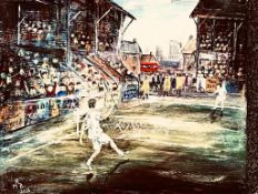 ROY BUCKINGHAM, OIL ON CANVAS- 'THE FINAL SLAM', SIGNED AND DATED 2013, APPROXIMATELY 33 x 41cm