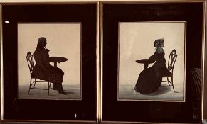 PAIR OF HAND PAINTED PICTURES IN MANNER OF SILHOUETTES, SUBJECTS UNKNOWS. APPROX. 24 X 20CM