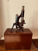 METAL AND BRASS MICROSCOPE, NO MAKER, WITHIN MAHOGANY BOX MAHOGANY BOX REQUIRES REPAIRING, SEE