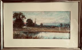 ARTHUR WILLET WATERCOLOUR - HAYMAKING ON THE RIVER BANK. APPROX. 14 X 29CM