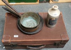 THREE OLD PANS AND EMPTY STONEWARE JAR, 'DIAMINE WRITING FLUID' PLUS OLD LEATHER SUITCASE