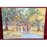 KEITH GARDNER RCA OIL ON BOARD- TEENAGERS CHATTING ON THE PARK PATH, BIRKENHEAD PARK, SIGNED,