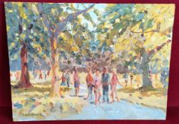 KEITH GARDNER RCA OIL ON BOARD- TEENAGERS CHATTING ON THE PARK PATH, BIRKENHEAD PARK, SIGNED,