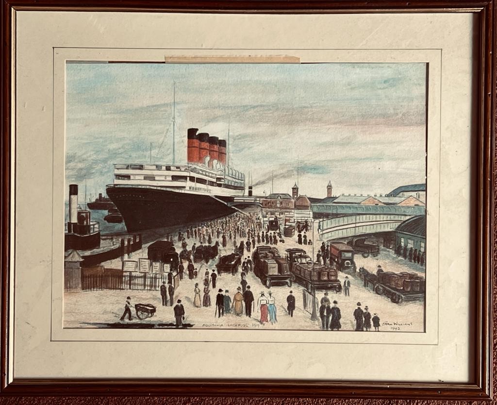 STAN WILLIAMS, WATERCOLOUR- 'AQUITANIA' PIER HEAD LIVERPOOL IN 1919, SIGNED AND DATED 1992,