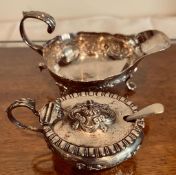 SILVER MUSTARD POT, BIRMINGHAM ASSAY, PLUS EARLY SILVER SAUCE BOAT