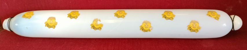 LARGE NAILSEA OPALESCENT GLASS ROLLING PIN WITH TRANSFER DECORATION. APPROX. 75CM L USED