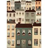 DECORATIVE PICTURE UNFRAMED ON PRINT ON CANVAS "HOUSES" UNSIGNED. APPROX. 65 X 48CM
