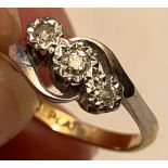PLATINUM BAND RING WITH TWO 0.15ct AND ONE 0.2ct DIAMONDS, SIZE O+, WEIGHT APPROXIMATELY 2.1g