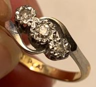 PLATINUM BAND RING WITH TWO 0.15ct AND ONE 0.2ct DIAMONDS, SIZE O+, WEIGHT APPROXIMATELY 2.1g