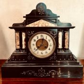 SLATE AND MARBLE MANTLE CLOCK IN THE CLASSICAL MANNER, APPROXIMATELY 39 x 43cm NOT TESTED