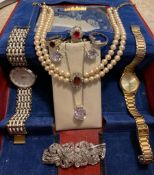 BOX OF COSTUME JEWELLERY, ONE PIECE SET WITH WHITE PASTE STONES