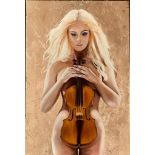 OIL ON CANVAS- 'THE VIOLIN', SIGNED RS 16, APPROXIMATELY 80 x 50cm