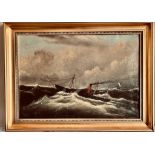 19TH CENTURY OIL ON CANVAS - STEAMER ON STORMY SEAS, UNSIGNED. APPROX. 34 X 50CM