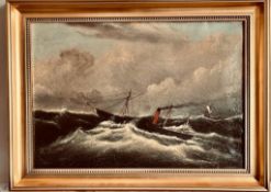 19TH CENTURY OIL ON CANVAS - STEAMER ON STORMY SEAS, UNSIGNED. APPROX. 34 X 50CM