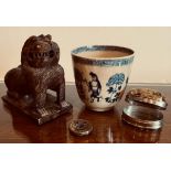 JAPANESE EARLY POTTERY TEA BOWL, SOAPSTONE CARVED LION DOG PLUS 925 SILVER COLOURED OVAL PILL BOX