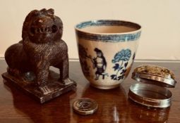 JAPANESE EARLY POTTERY TEA BOWL, SOAPSTONE CARVED LION DOG PLUS 925 SILVER COLOURED OVAL PILL BOX