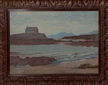 PHILIP STUART PAICE RCA OIL ON CANVAS- 'CHAPEL ON A COASTAL PROMONTORY, APPROXIMATELY 12 x 15in