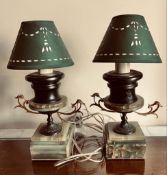 PAIR OF ONYX TABLE LAMPS, APPROXIMATELY 28cm TO BAYONET FITTING