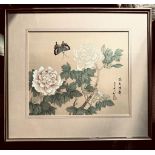 CHINESE PAINTING ON SILK- 'BUTTERFLY AND PEONIES', SIGNED TO RIGHT, APPROXIMATELY 29 x 35cm