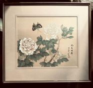 CHINESE PAINTING ON SILK- 'BUTTERFLY AND PEONIES', SIGNED TO RIGHT, APPROXIMATELY 29 x 35cm