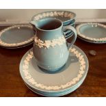 FOUR WEDGWOOD QUEENS WARE SIDE PLATES, FIVE FRUIT BOWLS, JUG AND SAUCER PLUS FOUR 'LAVENDER' SAUCERS