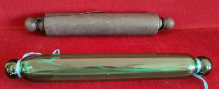 GREEN GLASS ROLLING PIN, PLUS ONE OTHER ROLLING PIN Both in used condition, unchecked