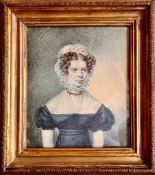 UNSIGNED WATERCOLOUR - PORTRAIT OF A YOUNG WOMAN, 1800. APPROX. 19.5 X 12CM