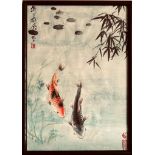PAIR OF JAPANESE CARP PAINTED ON SILK. APPROX. 42 X 29CM