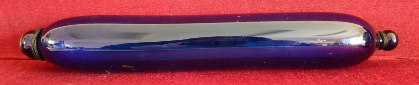 NAILSEA BLUE COLOURED GLASS ROLLING PIN. APPROX. 34CM L USED CONDITION, SLIGHT CHIPS AND CRACKS TO