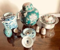 MIXED LOT INCLUDING STORAGE JAR, BOWL WITH COVER, TEAPOT, TEA BOWLS, SILVER PILL BOX ETC