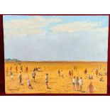 KEITH GARDNER RCA OIL ON BOARD- BEACH WITH HANDSTANDER, WEST KIRBY, 1997, SIGNED, APPROXIMATELY 23cm