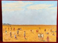 KEITH GARDNER RCA OIL ON BOARD- BEACH WITH HANDSTANDER, WEST KIRBY, 1997, SIGNED, APPROXIMATELY 23cm