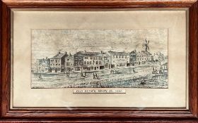 MONOCHROME PRINT- 'OLD SHAW'S BROW, LIVERPOOL' IN 1852, FRAMED, APPROXIMATELY 20 x 46cm