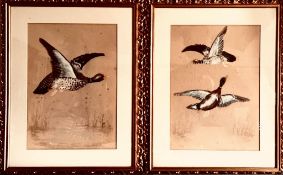 PAIR- FLYING WATERFOWL, APPLIQUE FEATHERS ON WATERCOLOUR, EACH APPROXIMATELY 40 x 28cm FADED AND