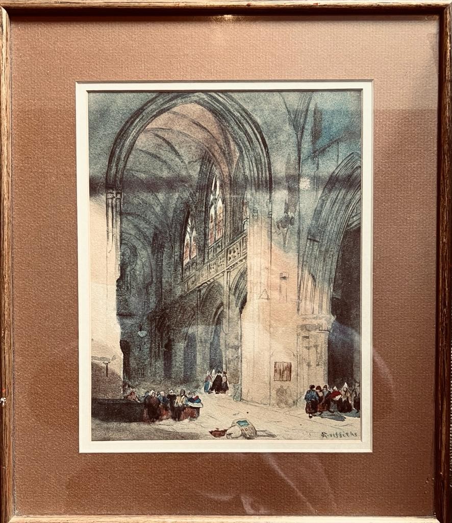 K. GRIFFITHS WATERCOLOUR - CATHEDRAL INTERIOR. APPROX. 25 X 19CM