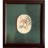 PAINTING ON IVORY PANEL - PARROT PERCHING ON A BOUGH. APPROX. 7 X 5CM