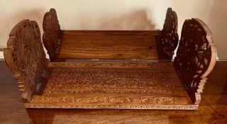 TWO HARDWOOD ORIENTAL CARVED EXPANDING BOOK STANDS IN TEAK