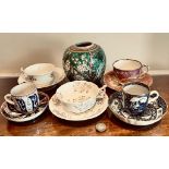 GREEN GLAZED STORAGE JAR AND FIVE 20th CENTURY JAPANESE CUPS AND SAUCERS