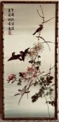 LATE 20TH CENTURY CHINESE SILK EMBROIDERED PANEL DEPICTING FINCHES, WITHIN GILDED BAMBOO STYLE