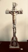 MOTHER OF PEARL DECORATED CRUCIFIX, APPROXIMATELY 42cm HIGH PIECES MISSING, ETC.