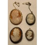 FOUR CAMEO BROOCHES TWO SLIGHT DAMAGE ON MOUNT