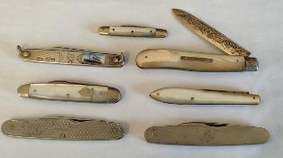 SEVEN VARIOUS SILVER PENKNIVES, FRUIT KNIVES ETC, SOME WITH MOTHER OF PEARL DECORATION ALL IN USED
